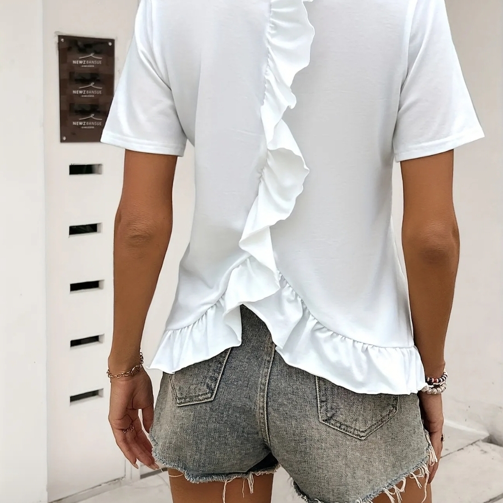 White Ruffle Hem Women's Top - Picture 2 of 4